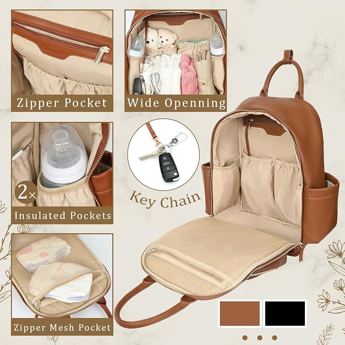 Omanmoli Diaper Bag Backpack,Leather Baby Bag with 16 Pockets,Large Travel Diaper Backpack,Baby Essential Organizer,4 Insulated Pockets,Changing Pad,Brown