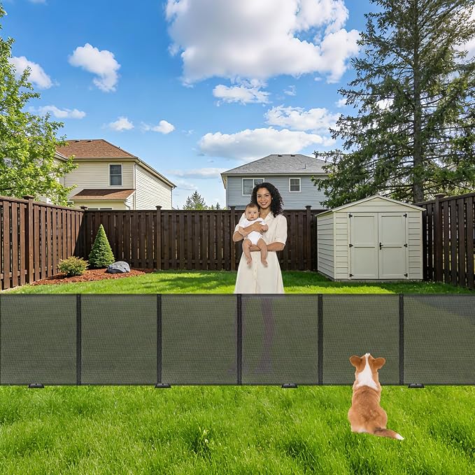Reinforced 196" Wide Retractable Gate with Reinforced Strips, Indoor/Outdoor Retractable Dog Gate for Doorway Prevent Bottom Drilling Through, Safety Mesh Gate, Black