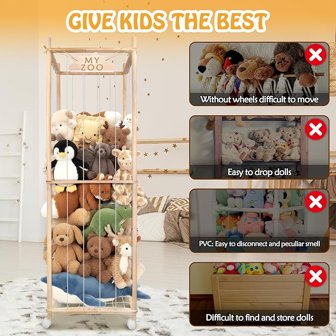 Stuffed Animal Storage Zoo with Wheels, 64" Wooden Large Stuff Animals Plushies Holder Toy Organizer Kids Plush Storage Cage with Elastic Band and Net for Nursery Playroom Corner for Toddler