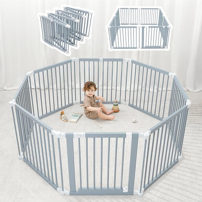 Comfy Cubs Baby Gate Playpen - 57 x 57 x 25 in, Extends Up to 228” - Pine Wood Foldable Playpen with Child-Proof Lock - Easy Assembly Baby Fence Play Area for Babies & Toddlers - Pacific Blue