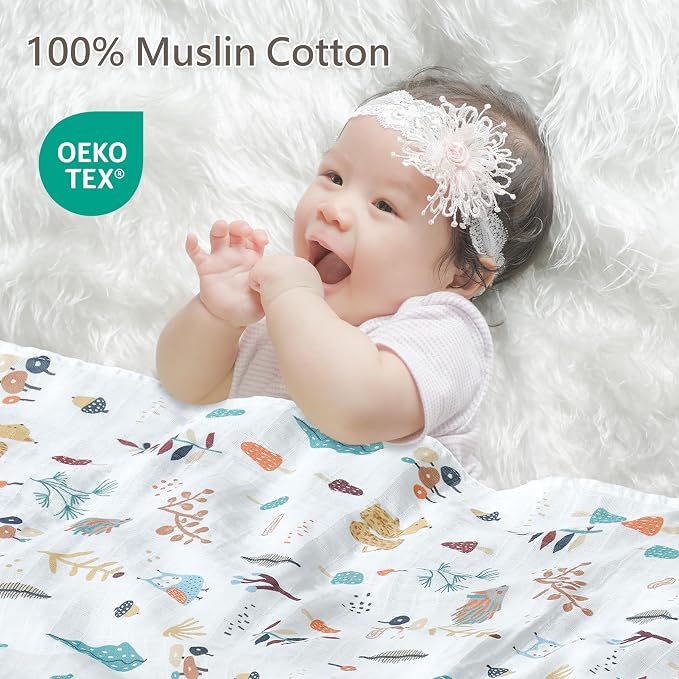 2-Pack Muslin Swaddle Blankets 47x47-100% Cotton Breathable Receiving Blankets for Newborn Baby, Soft Swaddling Wraps, Cozy Forest Duo