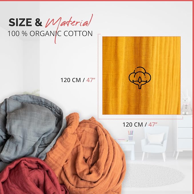 Pack of 4 Swaddle Blankets - Organic Cotton Muslin Baby Blanket for Swaddles 3-6 Months & 0-3 Months | Soft Swaddle for Newborns Babies, 47x47 cm Receiving Blankets,