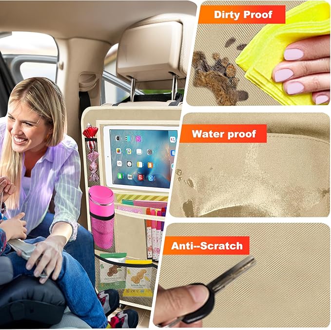 Car Backseat Organizer ï¼? Pack Car Organizer Back Seat with 11" Tablet Holder, 10 Storage Pockets Seat Back Protectors Kick Mats for Kids Toddlers, Travel Accessories (Beige)
