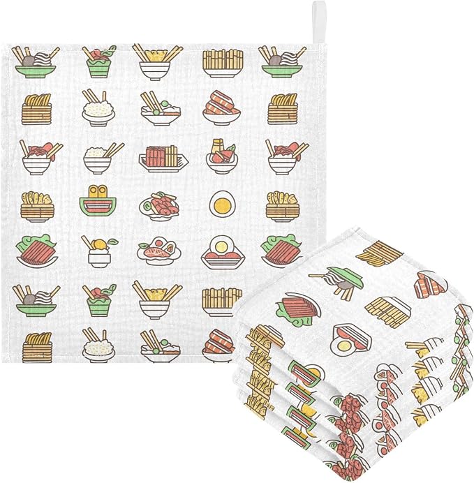 vvfelixl Baby Muslin Washcloths Asian Food Icons Baby Burp Cloths Cotton Babys Face Towel for Infants Soft 11.8 X 11.8 in, 3 Pack