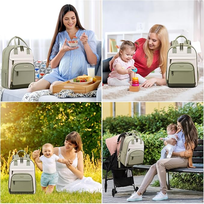 LOVEVOOK Diaper Bag Backpack, Baby Bag with Changing Pad, Large Diaper Backpack Boy Girl, Waterproof Baby Registry Bag for Mom Dad with Stroller Buckles, Light Green-beige-olive Green
