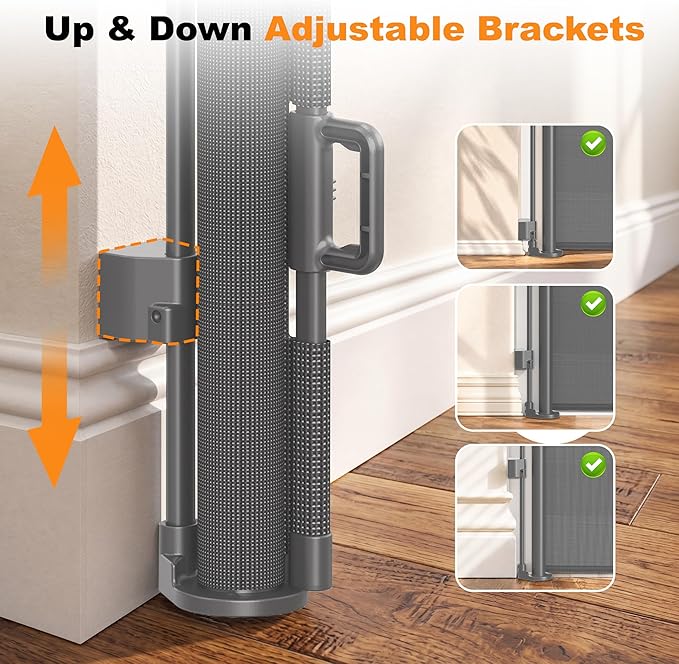 Reinforced Retractable Pet Gate 70” Wide Retractable Baby Gate | with Support Rods to Prevent Bottom Escape, 33” Tall Child Safety Gates for Stairs, Doorways, Hallways, Decks, Indoor/Outdoor