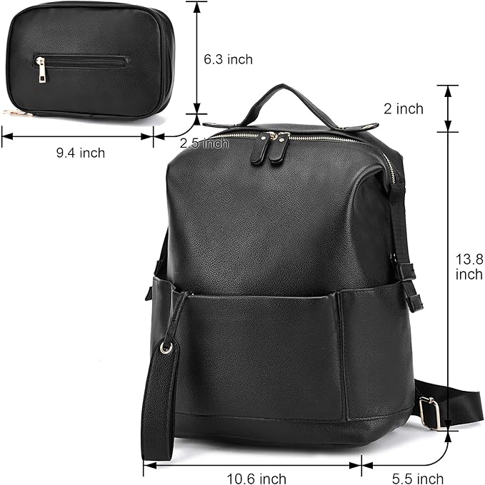 Diaper Bag Backpack Leather Backpack for Women Travel Baby Bag Mother Outdoor Backpack with Changing Pad Stroller Straps(2 pieces) Black