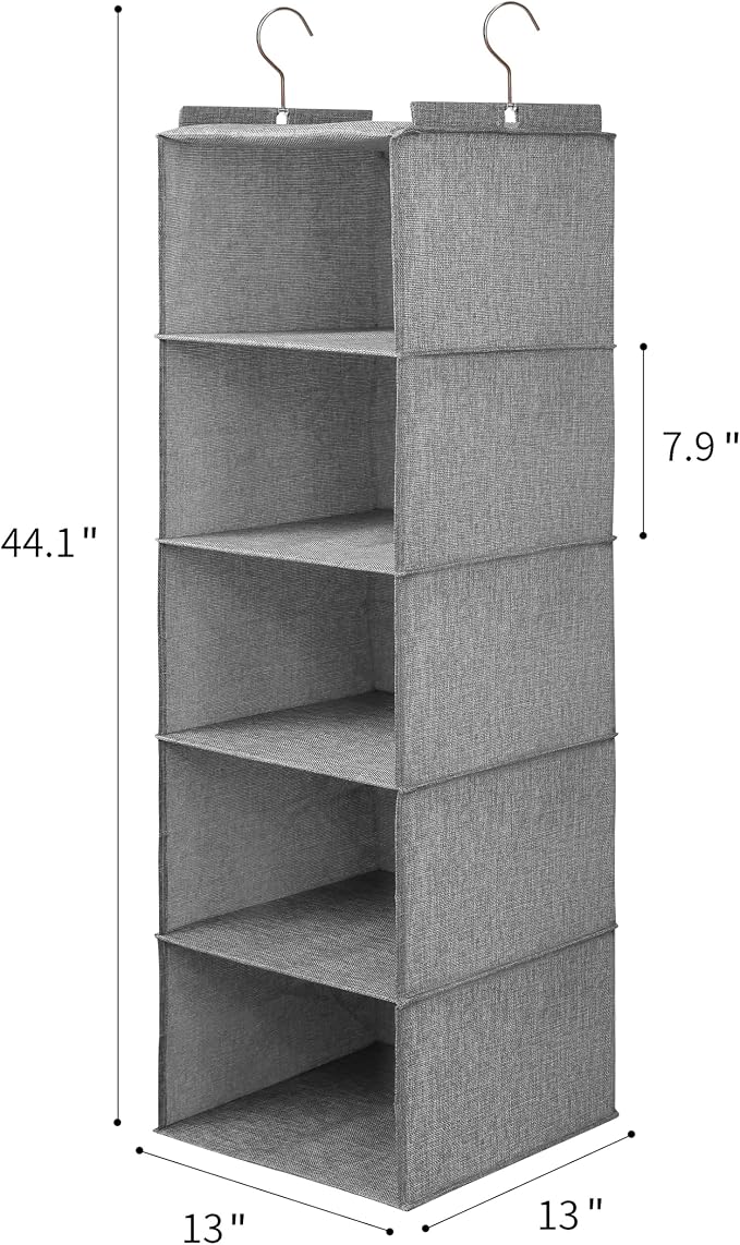 Large Hanging Sweater Organizer for Closet,Collapsible 6-Shelf Hanging Closet Shelves with Drawers, Washable (Grey-5 Shelf-2 d)
