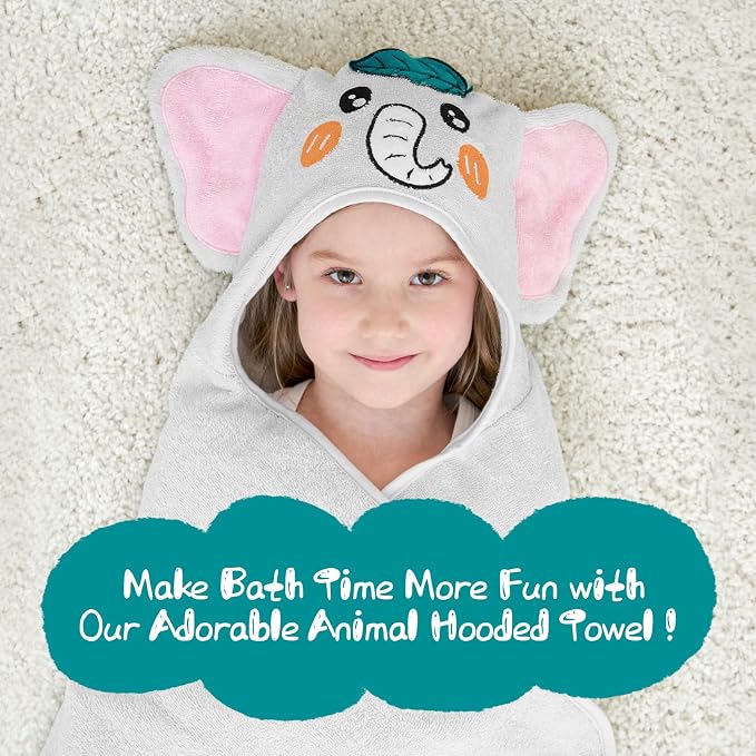 Style Quarters Gray Elephant Hooded Towel for Kids – Cute, Soft Cotton, Embroidered, Absorbent Baby Bath Towel – Quick Dry, Cozy, Lightweight – 50x30 Inches – Perfect for Toddlers & Kids