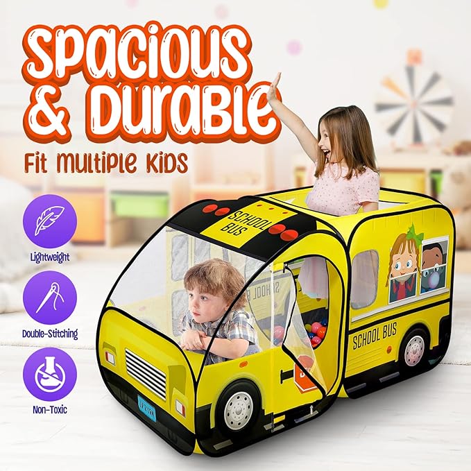 School Bus Pop-Up Kids Tent with Sound Play Button, Ball Pit for Toddler & Up - Easy Setup Tent for Indoor & Outdoor, Daycare Playground Activities & Pretend Play, Great for Kids