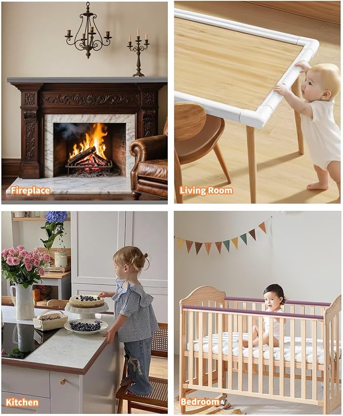 Edge Corner Protector Baby Proofing, 6.56FT 0.6'' Thicken L-Shape Furniture Fireplace Safety Bumper Guard with 6 Corners, Pre-Taped, Soft NBR Rubber Foam, Table Edge Protector for Baby(White-gray)