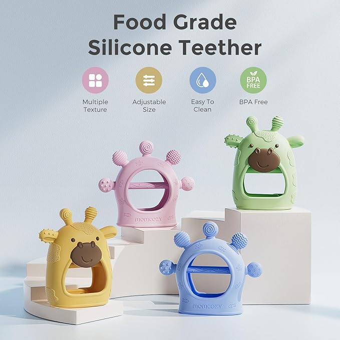 Momcozy Baby Teether Toys | Silicone Teether for 0-12 Months | Baby Teething Relief | Pink
