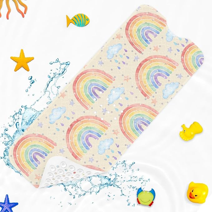 Rainbow Boho Bathtub Shower Mat Cute Cloud Non-Slip Tub Extra Long Bath Floor 40X16 Inch Machine Washable for Bathroom Tub Bath Mat for Toddler and Baby