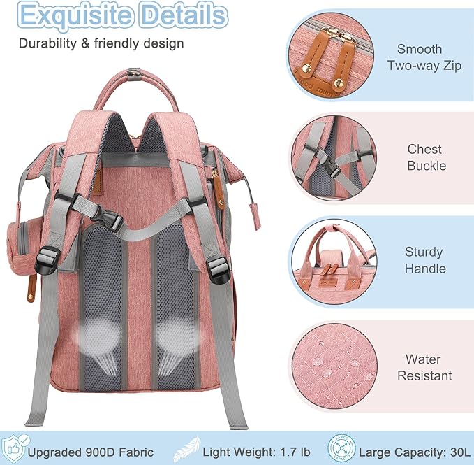 SHITIESHOU Diaper Bag Backpack Baby Bag for Mom Dad with Changing Pad, 19 Pockets, Large Waterproof Travel Baby Girl Boy Toddle Diaper Bag with Insulated Pocket, Baby Shower Gifts, Pink