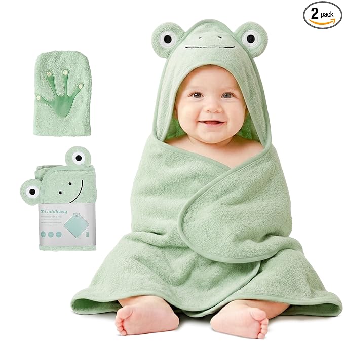 CuddleBug Hooded Baby Bath Towel & Washcloth Set (Bear) - 100% Cotton Terrycloth Hooded Baby Towels for Newborn & Toddler - Super-Soft & Absorbent, Newborn Essentials (33" x 33") - Sage Green