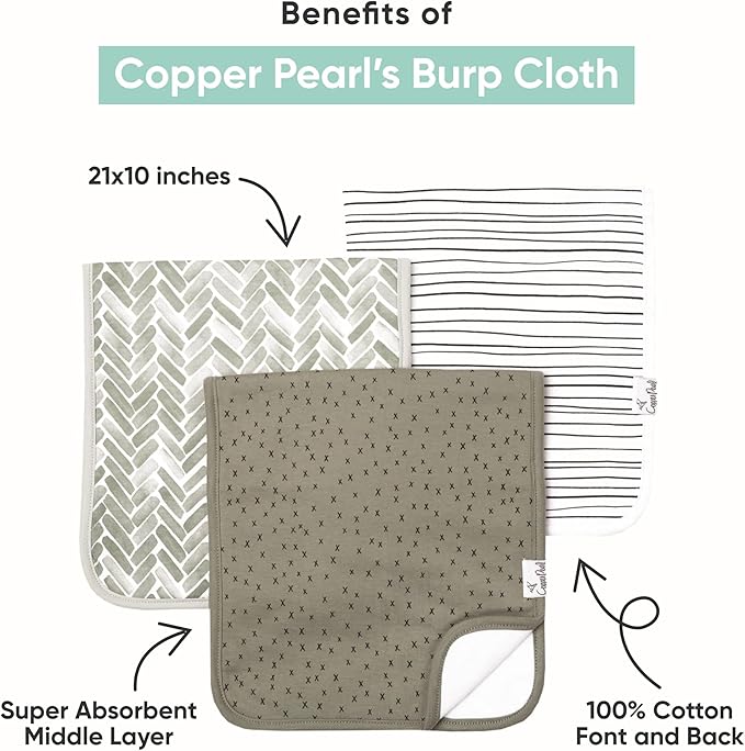 Copper Pearl Baby Burp Cloth Large 21''x10'' Size Premium Absorbent Triple Layer 3-Pack Gift Set Rue