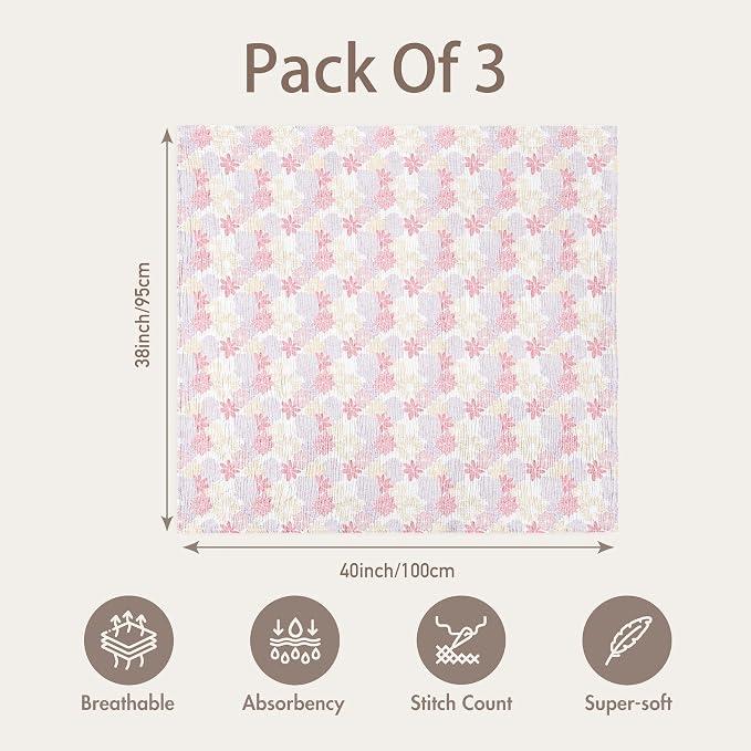 Muslin Swaddle Blankets for Newborns, 3-Pack Cotton Receiving Blankets, Large 40 x 38 inches, Breathable Soft Baby Blankets for Girls, Wrap Burp Cloths, Vintage Purple Floral
