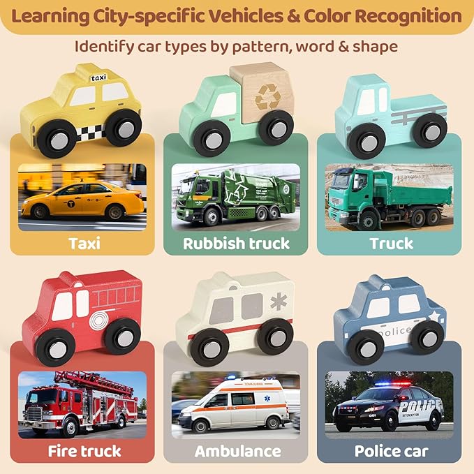AIGIMU Wooden Toddler Puzzles,Montessori Puzzle for Toddlers 1-3,Montessori Toys for 1 2 3 Years Old Boys Girls Educational Toys with 6 Emergency and City Vehicles,Wooden Toy Cars for Toddler 1-3