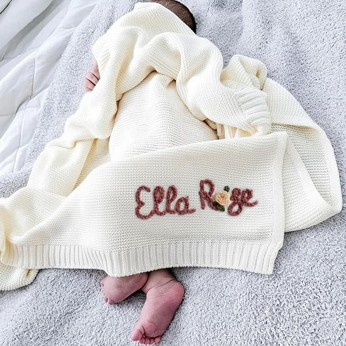 Luxury Personalized Name Baby Blanket, Hand-Embroidered Name Baby Blanket, Soft Breathable Cotton Knit Kids Blankets, Newborn Kid Gift, New Mom Gifts, Newborn Kids Girl & Boy Gift 4