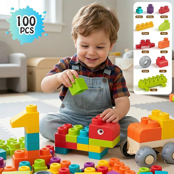 100 PCS Soft Building Blocks for Toddlers Aged 2 3 4 5 6 Years Old, Large Blocks with Storage Box - STEM Preschool Toy for Early Childhood Education, Birthday Gift for Boys Girls