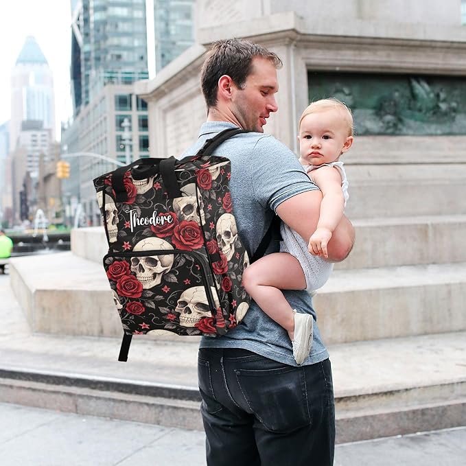 Custom Name Gothic Red Rose Skull Diaper Bag – Large Capacity for Mom Dad