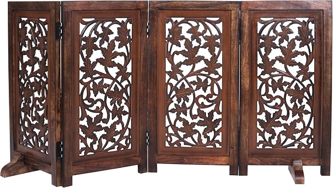 Folding Dog Gate for Indoor Use, 4 Panel Free Standing Wooden Pet Barrier, 56x28 Inch Decorative Lucy Design Dog Fence for Doorway, Stairs, or Hallway, Natural Burnt