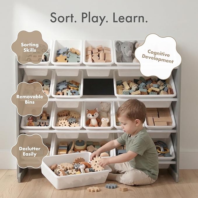 Humble Crew Supersized Toy Storage Organizer with 16 Removable Bins, Grey/White ??Large Toy Storage for Toddlers Ideal for Kids' Rooms, Playrooms, and Nurseries - Modern Toy Bins for Kids