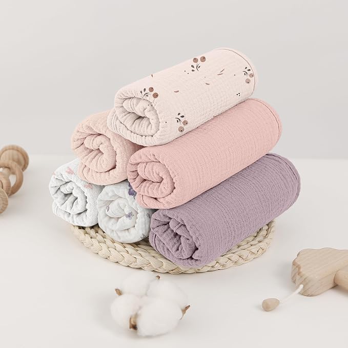 Bearmoss Muslin Burp Cloths, 100% Cotton Baby Burping Clothes, Large Extra Soft Absorbent for Unisex Newborn Boy and Girl, 20x10in, 6 Pack, Pink Print