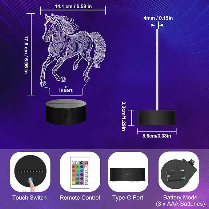 Attivolife Horse 3D Night Light, Horse Gifts for Girls, Illusion LED Lamp with Remote Control + Timer + 16 Color Changing, Kids Boy Animal Room Decor, Birthday Xmas Present for Teen Women Horse Lover
