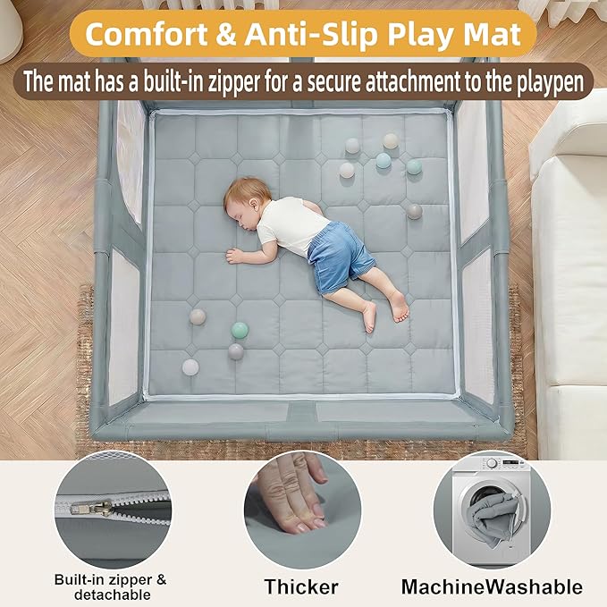 Foldable Playpen with Detachable Thicken Mat,50x50 Inches Portable Playpen,Collapsible Play Pen for Babies and Toddlers,Indoor & Outdoor Baby Fence Play Area,Cold Gray