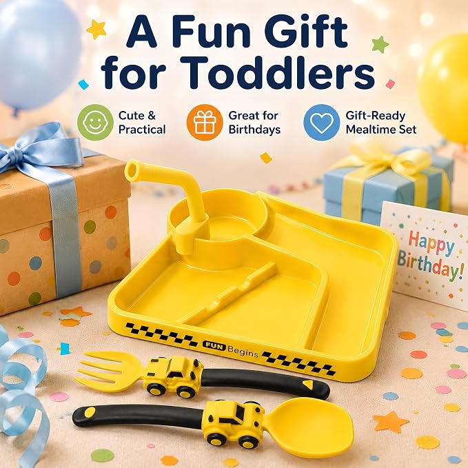Deinyi Fun Construction Toddler Plates & Utensils - Divided Non-Tip Plate for Ages 1 2 3 4 5 6 7 - Perfect Birthday Party Gift for Boys & Girls - Yellow