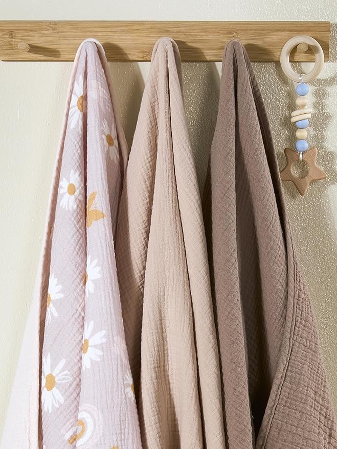 TILLYOU Muslin Swaddle Blanket Soft Baby Blanket for Girls Boys, 4-Layer Cotton Swaddle for Newborns 40"X40", Light Brown