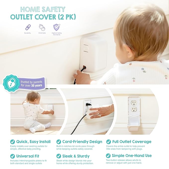 Regalo Safety Outlet Covers for Baby Proofing, Child Proof Wall Outlet Cover Guard with Space for Cords ??Fits Standard & Single Outlets (2 Pack, White)