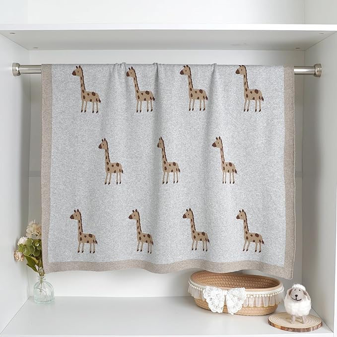 Opewod Soft Cotton Knit Baby Blanket with Cute Deer Print 40x30in Newborn Receiving Blanket Swaddle Cuddle Blanket for Crib, Stroller, or Nursery for Infants & Toddlers Light Grey