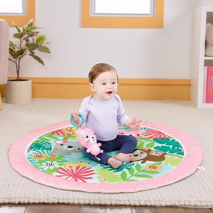 Bright Starts Rosy Rainforest Foldaway Activity Gym with Carry Bag for Storage & Travel, Pink Play Gym, Newborns & Up