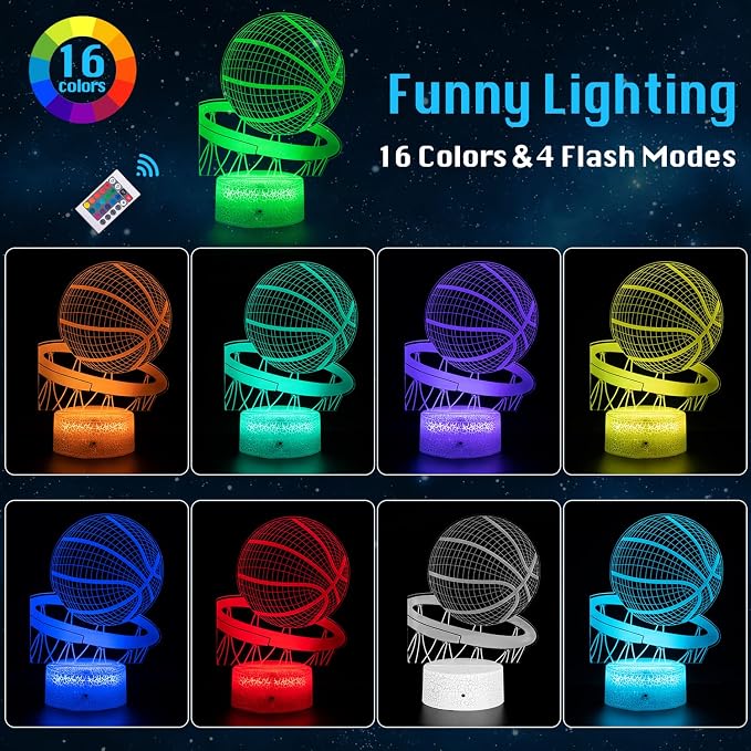 Basketball Night Light,3D Illusion Led Lamp, 16 Colors Dimmable with Remote Control Smart Touch, Best Christmas Birthday Gift for 3,4,5,6,7,8 Year Old Boy Girl Kids,Suitable for Basketball Fans