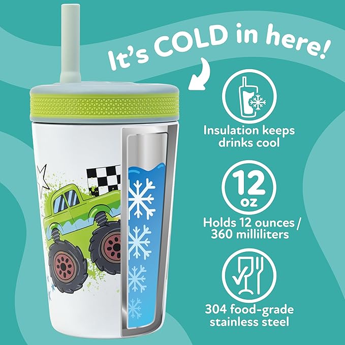 Nuby Thirsty Kids Insulated Toddler Cup with Silicone Flexstraw - 12 oz - Stainless Steel and Leak-Resistant - 18+ Months - Monster Trucks