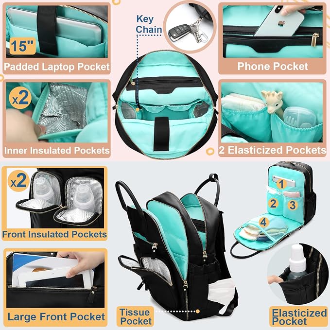MOMINSIDE Diaper Bag Backpack, Leather Baby Bag with 18 Pockets, Diaper Backpack for Women Mom, Travel Baby Bag for Girl Boy, Large Wet Pocket, 4 Insulated Pockets, Stroller Straps, Black