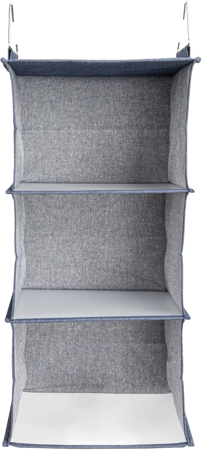 Household Essentials Hanging Cotton Blend Closet Organizer with 3 Storage Shelves, Denim