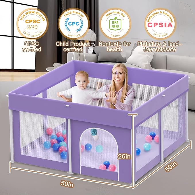 Foldable Playpen 50x50, Foldable Ultra-Portable Baby Playpen, Instantly Deployed in Three Seconds, Safe Baby Playard with Soft Breathable Mesh, Perfect Activity Center for Baby's Play, Lavender