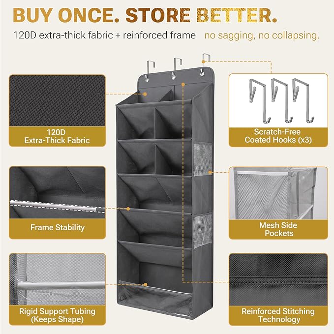 6 Tier Hanging Shoe Organizer – 100D Extra Thick Deep Pockets, Shoe Rack for Closet, Shoe Rack for Entryway, Shoe Organizer for Closet, Over the Door Shoe Organizer with 4 Side Pockets (Transparent)