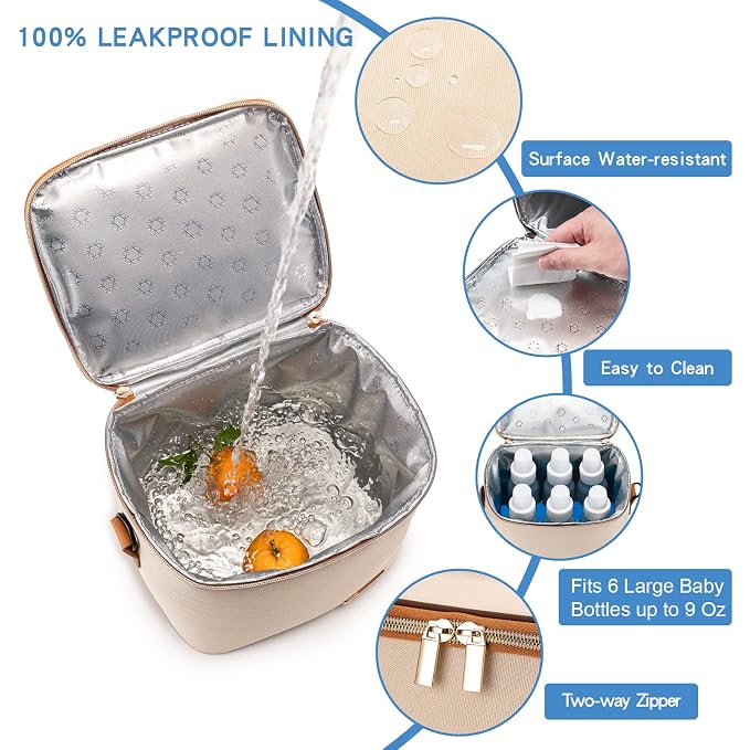 Breastmilk Cooler Bag with Ice Pack Fits 6 Baby Bottles Up to 9 Ounce, Baby Bottle Bag with Shoulder Strap for Nursing Mom Daycare, Cream