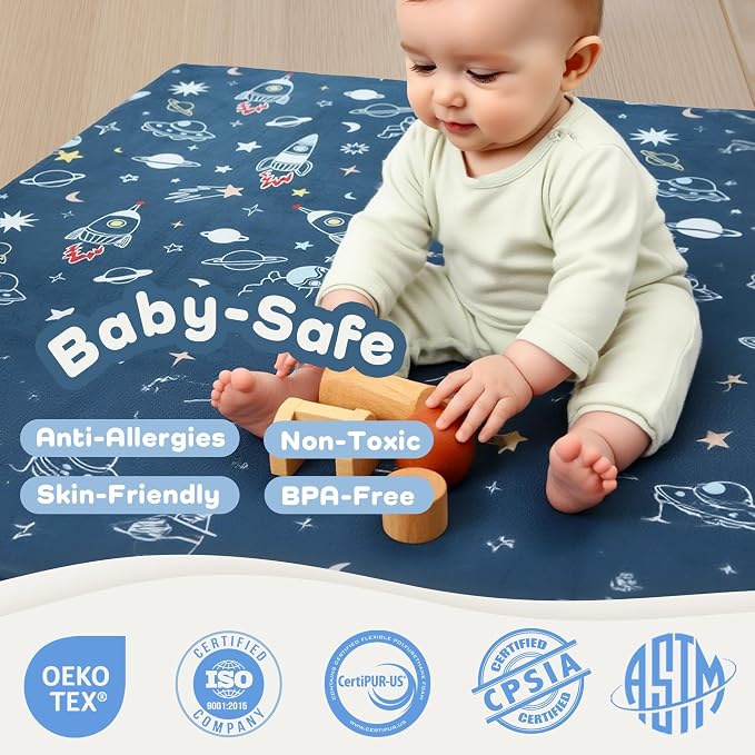 1.5" Thick Premium Baby Floor Play Mat, 71x79 Over-Sized Padded Memory Foam Mat, Tummy Time Crawling Playmat for Nursery Kids Playroom, Space Adventure