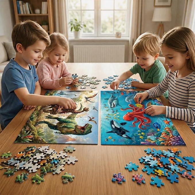 Puzzle for Kids Ages 4-6 – 2x60 Piece Jigsaw Puzzles for Toddlers 3-5,6-8,Dinosaur & Ocean Scenes,2 in 1 Pack Educational Dinosaur & Ocean Games for Boys & Girls