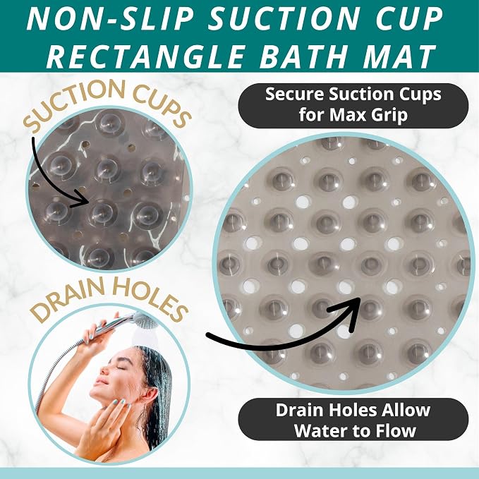 ENKOSI Bathtub Mat – 40 x 16 Inch Extra Long Non Slip Shower Mat – Anti Slip Grey Bath Mat with Suction Cups and Drain Holes – Bathroom Mat for Smooth Tubs and Shower Floors (40x16 Clear Grey)