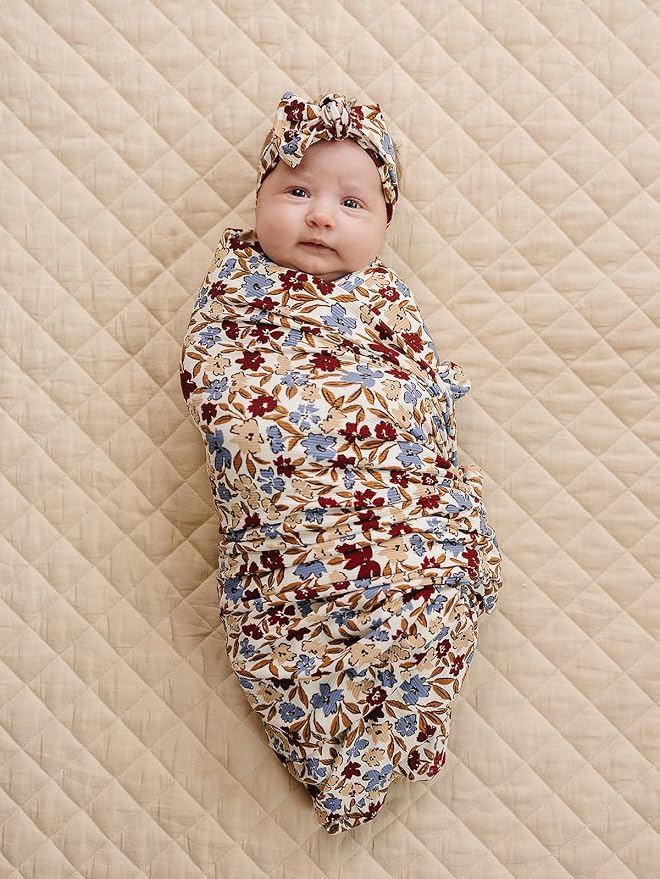 Mebie Baby Desert Floral Stretch Swaddle Blanket, Modern and Neutral for Baby Girl or Boy, Soft Rayon and Spandex, 95% Rayon 5% Spandex, Newborn 0-3 Month, Comfy Wrap, 47" x 47"