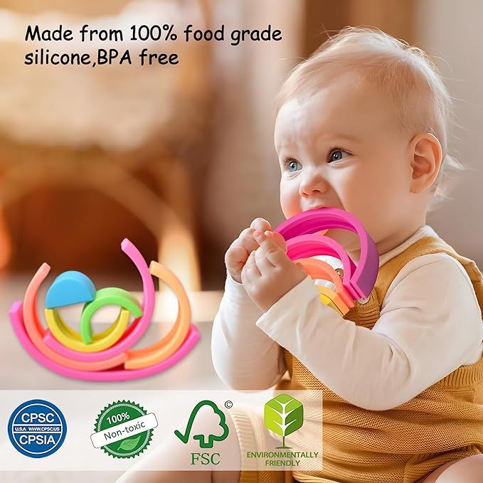 Silicone Stacking Toys for Babies, Rainbow Stacker, Montessori Nesting Blocks Soft Building Toys Large Sensory Stacking Toys for Creative Play & Learning, for Toddlers, 7CPS