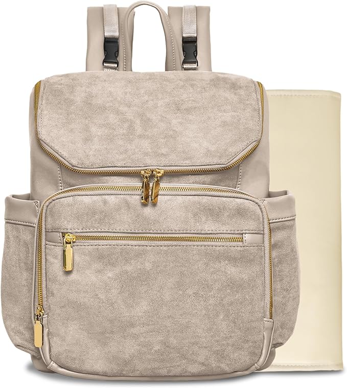miss fong Diaper Bag Backpack - Large Diaper Bag Backpack Baby Backpack Suede Diaper Backpack with 14 Pockets, Pañaleras Para Bebe with Waterproof Wet Pocket Luggage Sleeve for Mom Dad-Taupe