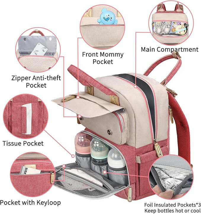 Legestori Diaper Bag Backpack, Baby Girl Diaper Bag, Large Diaper Bag Backpack Gift for Girls, Baby Diper Backpack for Travel with Insulated Pockets and Stroller Straps