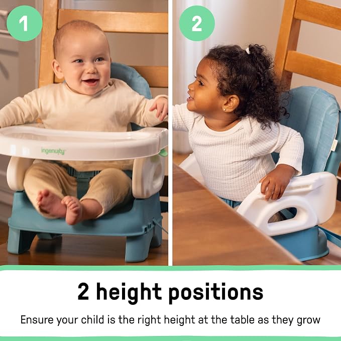 Ingenuity Deluxe Comfort Booster Seat for Kitchen Chair, Compact Fold, Portable, Lightweight, Toddler Booster Seat for Dining Table, from 6 Months to 3 Years – Teal